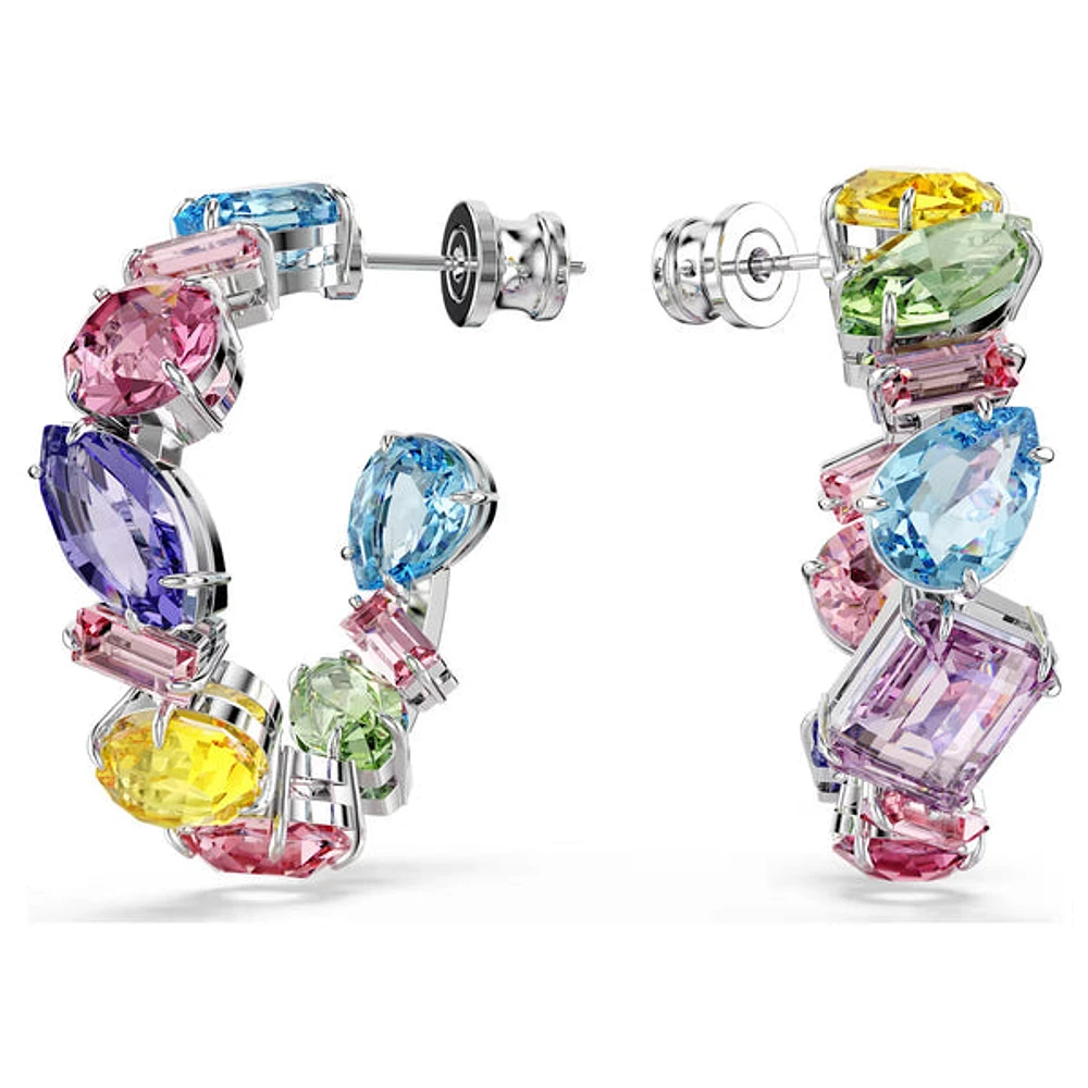 Swarovski - Gema hoop earrings Asymmetrical design, Mixed cuts, Small, Multicoloured, Rhodium plated - 5692412