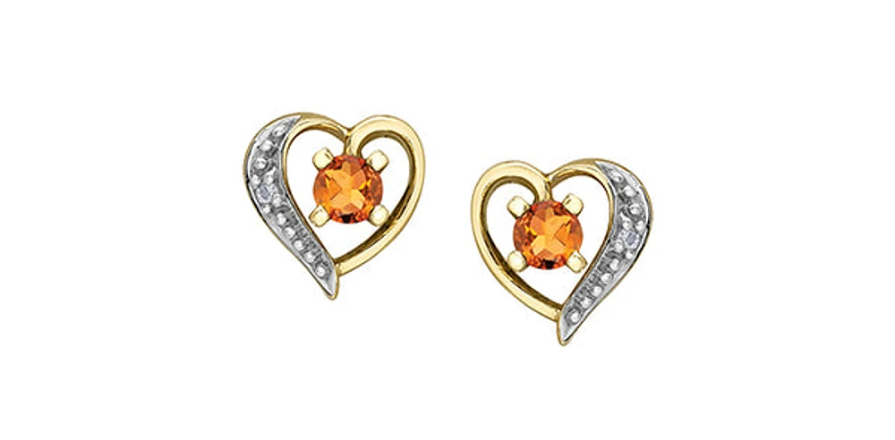 10K Yellow Gold Citrine and Diamond Heart Stud Earrings