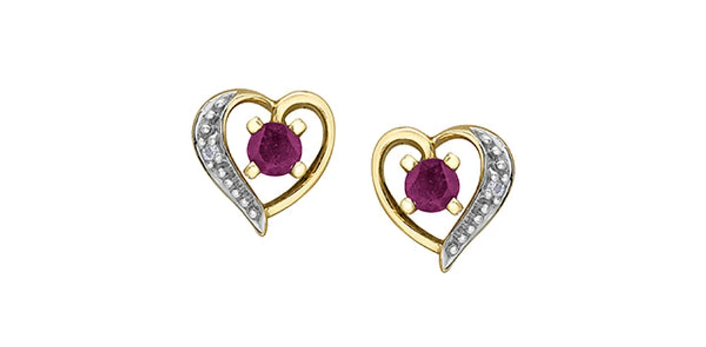 10K Yellow Gold Ruby and Diamond Heart Stud Earrings