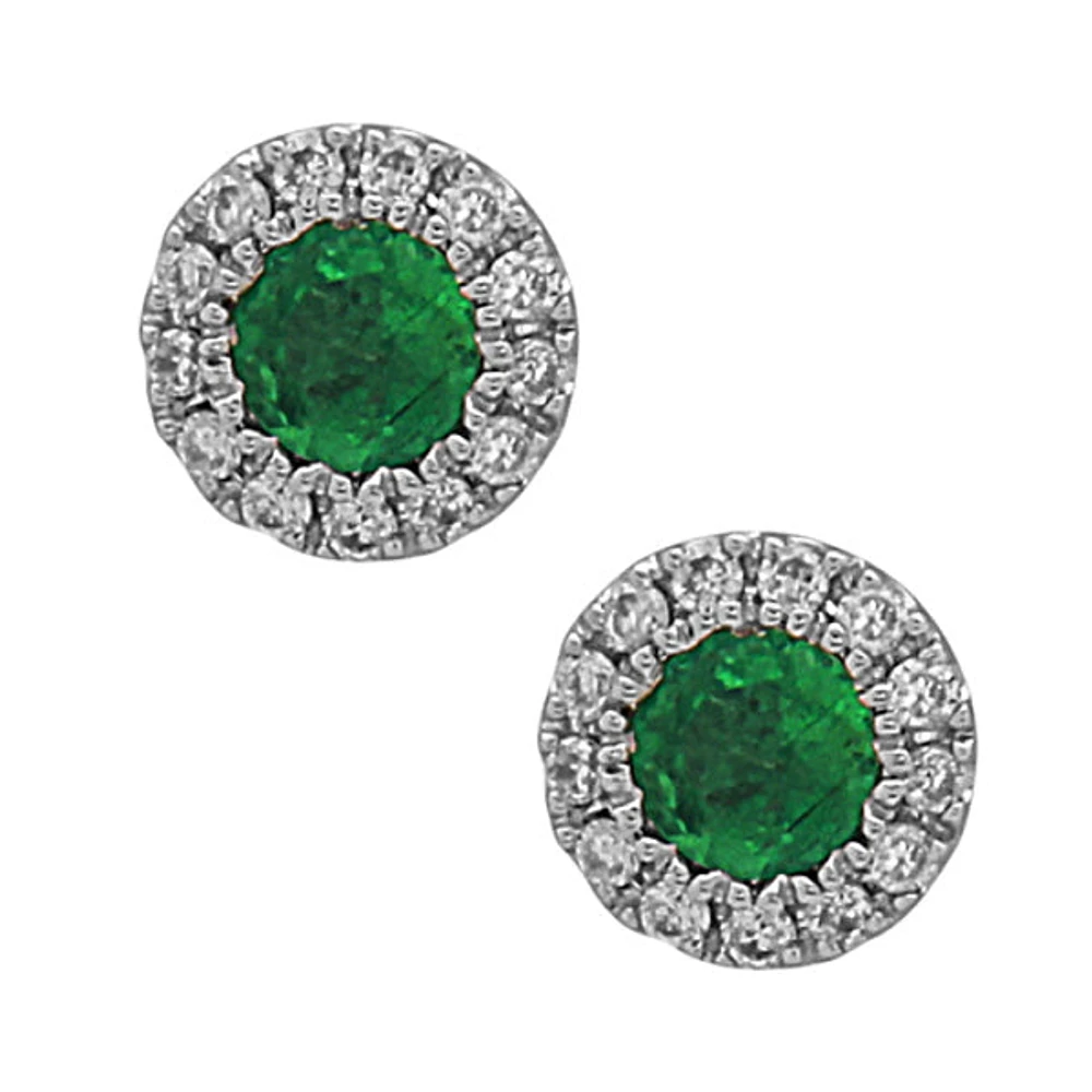 14K White Gold Emerald and Diamond Halo Stud Earrings