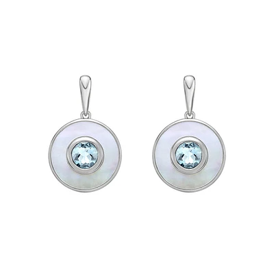 10K White Gold Round Aquamarine and Mother of Pearl Earrings