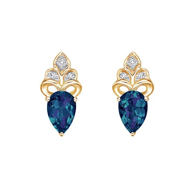 10K Gold 1.0cttw Created Alexandrite and 0.03cttw Diamond Earrings