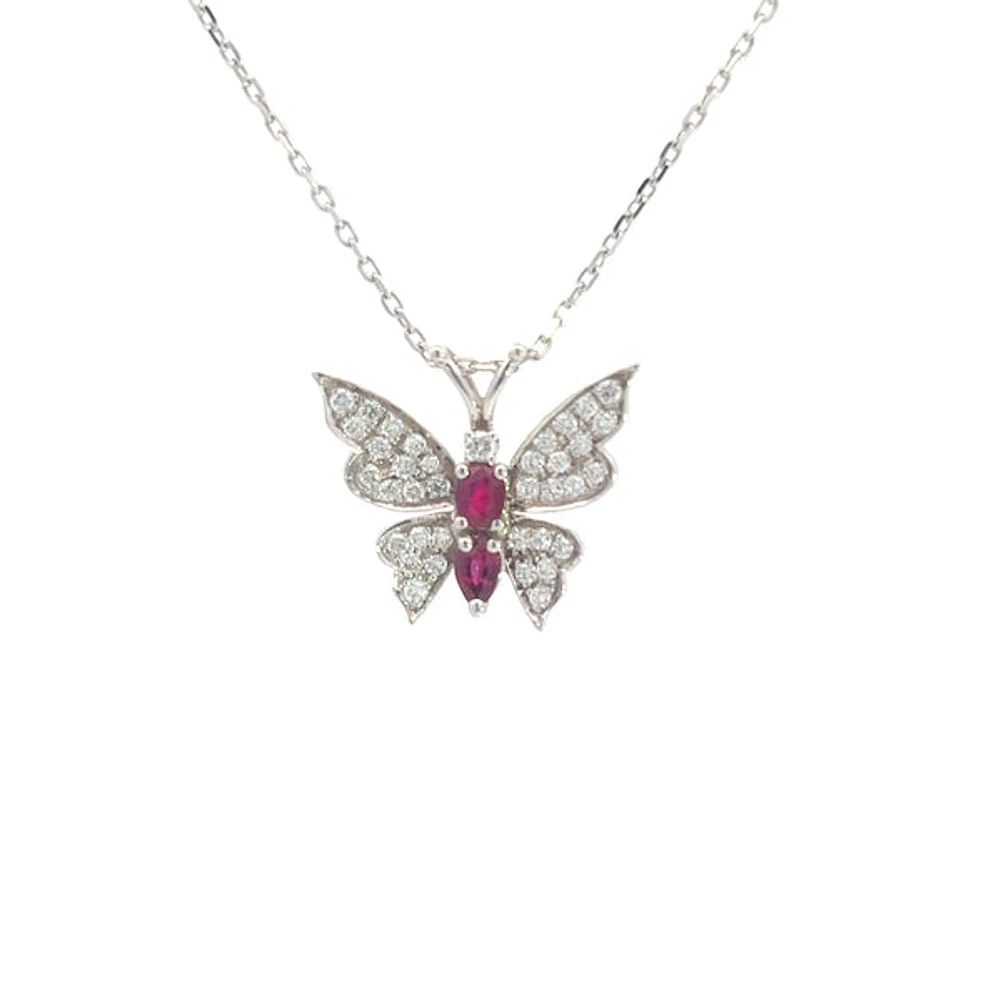 14K White Gold Ruby and Diamond Butterfly Necklace - 18"