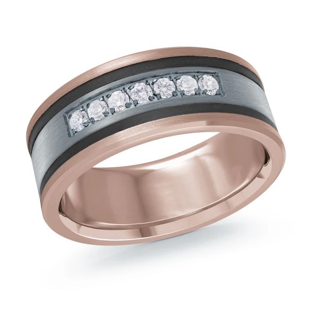 14K Rose Gold, Tantalum, Carbon-Fiber and 0.25cttw Diamond Mens Band - 7