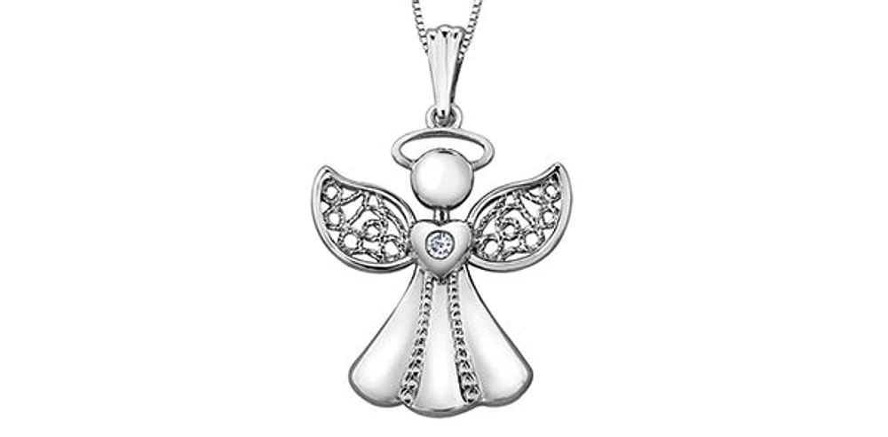 10K White Gold 0.015 cttw Diamond Angel Pendant, 18"