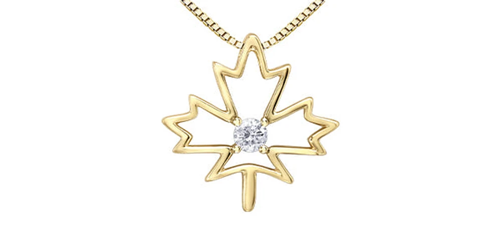 10K Yellow Gold 0.08cttw Canadian Diamond Maple Leaf Necklace, 18"