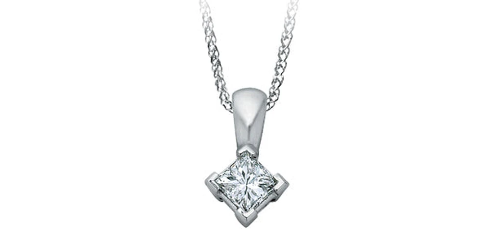 14K White Gold 0.30cttw Princess Cut Square Cut Canadian Diamond Pendant, 18”