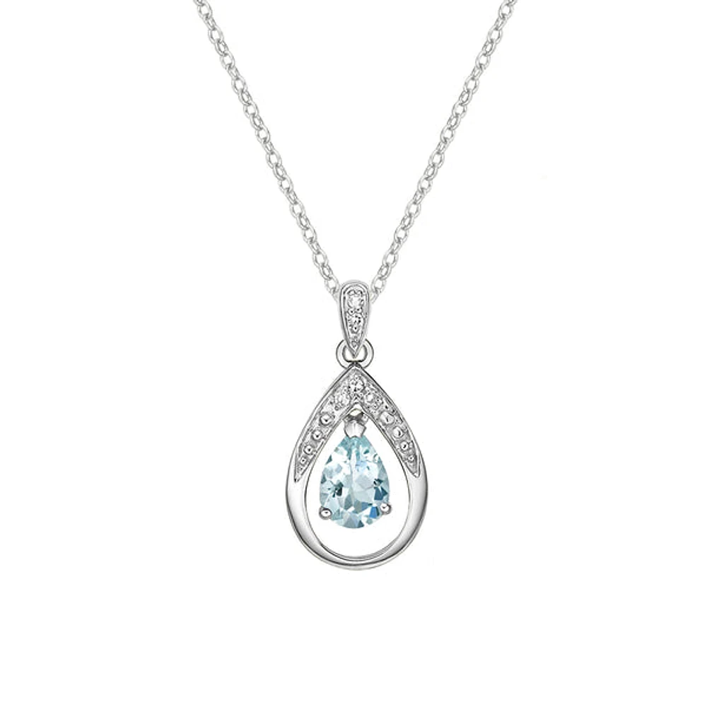 10K White Gold Aquamarine & diamond pendant with chain