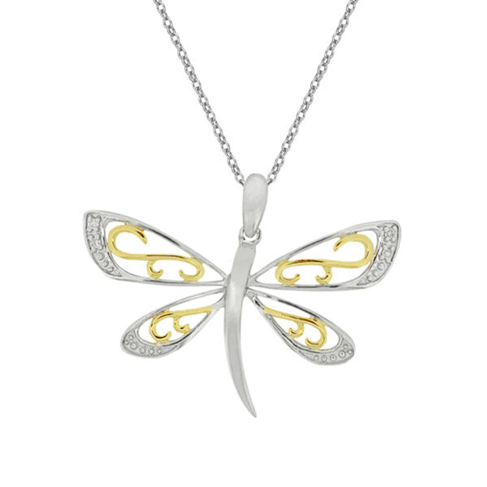10K 2 Tone 0.02cttw Diamond Dragonfly Pendant, 18"