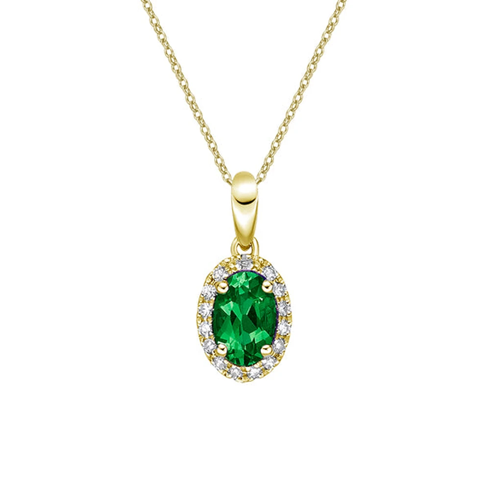 10K Yellow Gold Prong-set Emerald pendant with diamond halo