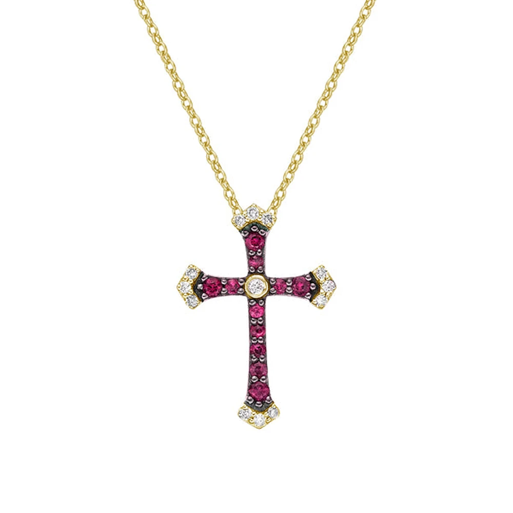 10K Yellow Gold Ruby cross pendant with diamonds