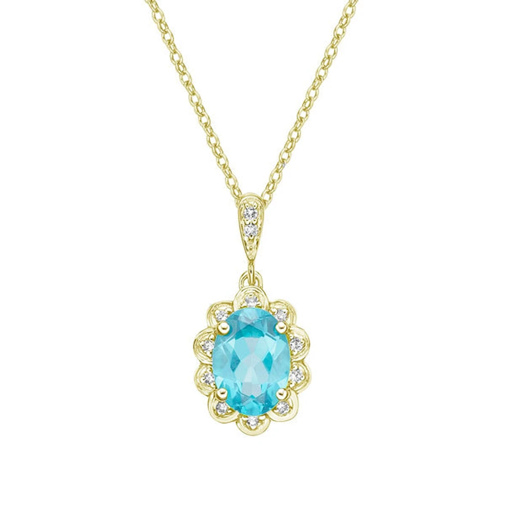 10K Yellow Gold Prong-set Blue Topaz pendant with diamond halo