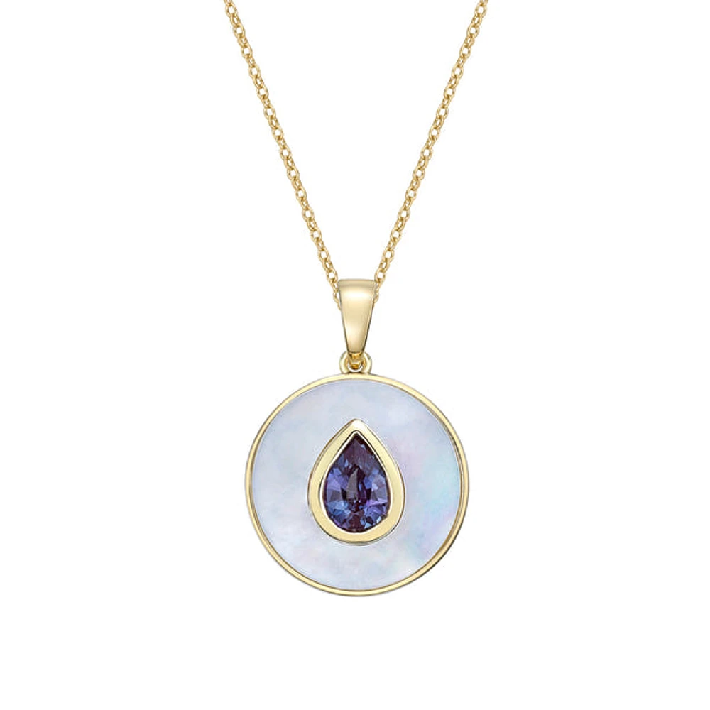 10K Gold Created Alexandrite and Mother of Pearl pendant with chain