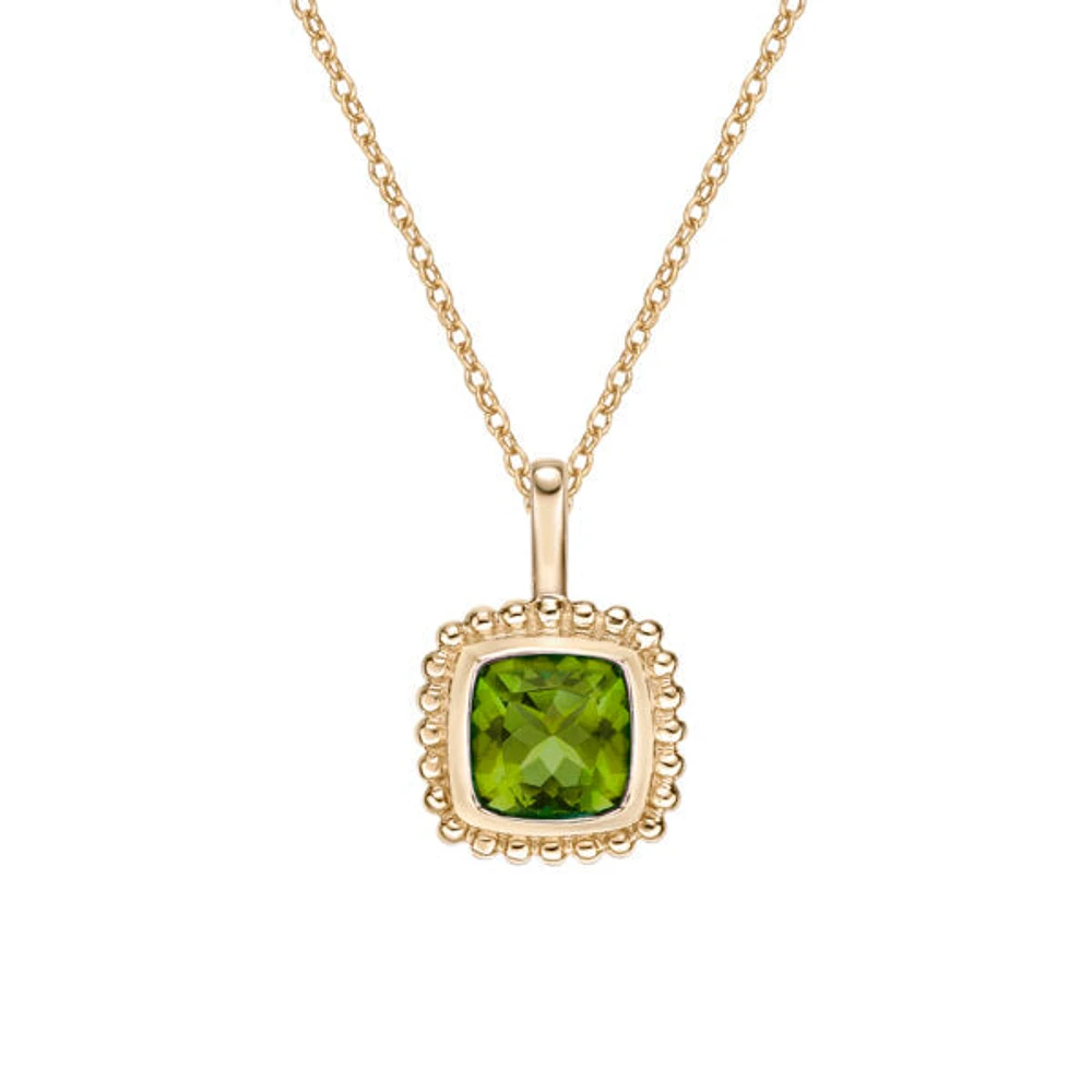 10K Yellow Gold 5mm Cushion Cut Peridot Pendant - 18 Inches