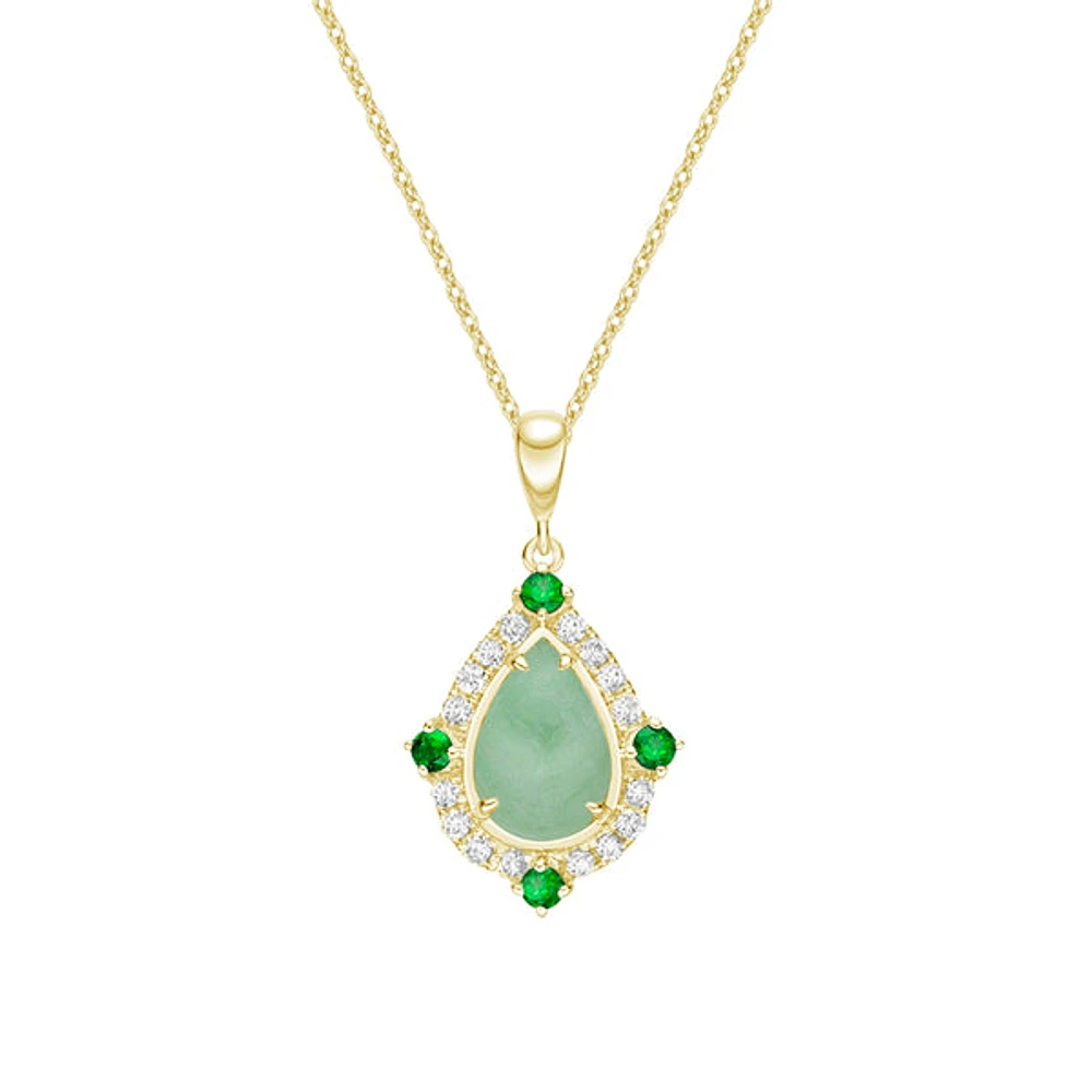 10K Yellow Gold Prong-set Jadeite Pendant with Emeralds & Diamonds