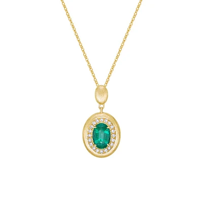 14K Yellow Gold Brushed Emerald & Diamond pendant