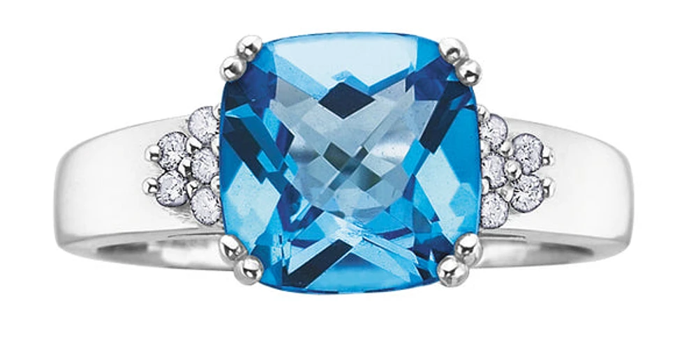 10K White Gold 9mm Blue Topaz and 0.10cttw Diamond Ring - Size 6