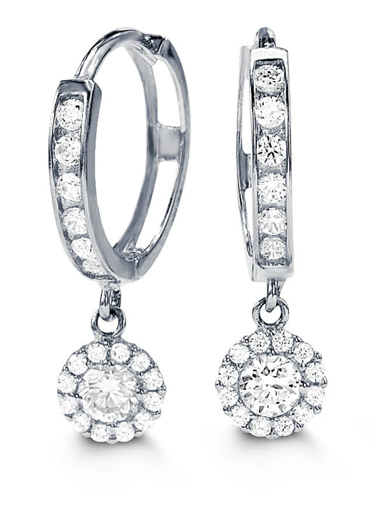 10K White Gold Huggie Dangling Earrings with Cubic Zirconia - 10mm