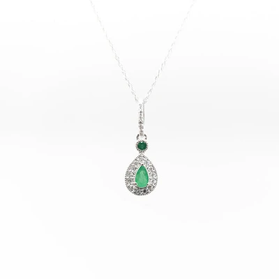 10K White Gold Genuine Emerald & Diamond Pendant