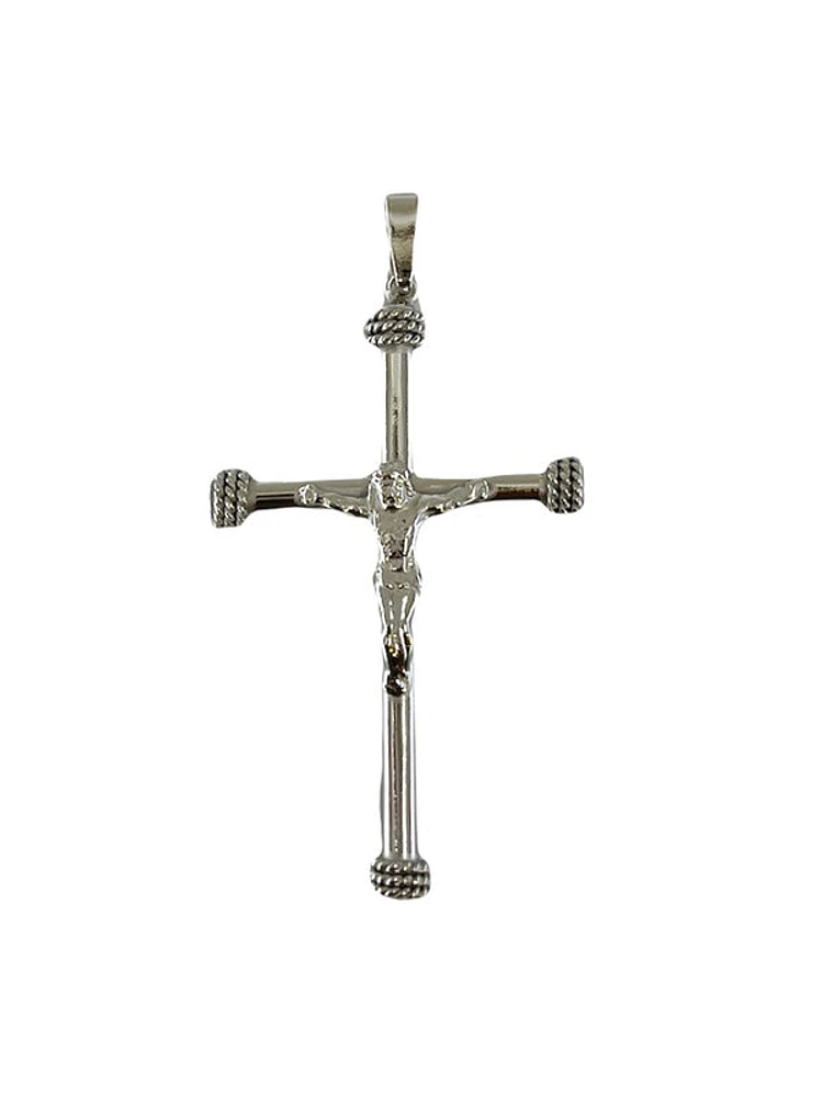925 Sterling Silver Rhodium Plated Crucifix with Rope Edges - 56mm x 30mm