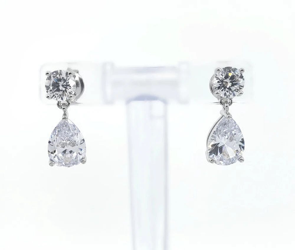 925 Sterling Silver 5.5mm round and 7mm x 10.5mm Tear Drop Cubic Zirconia Drop Earrings - 17.5mm x 7mm
