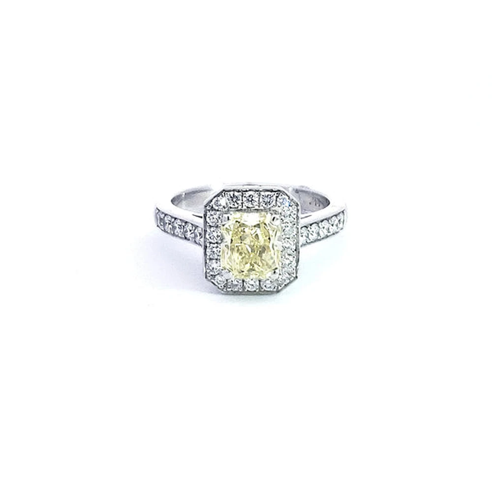 14K White Gold 1.64cttw Fancy Yellow Cushion Cut Diamond Halo Engagement Ring, Size 6.5