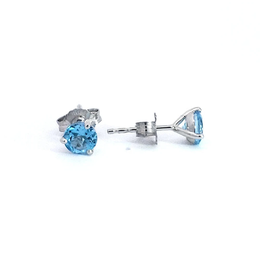 10K White Gold 5mm Blue Topaz Earrings with Three Claw Setting