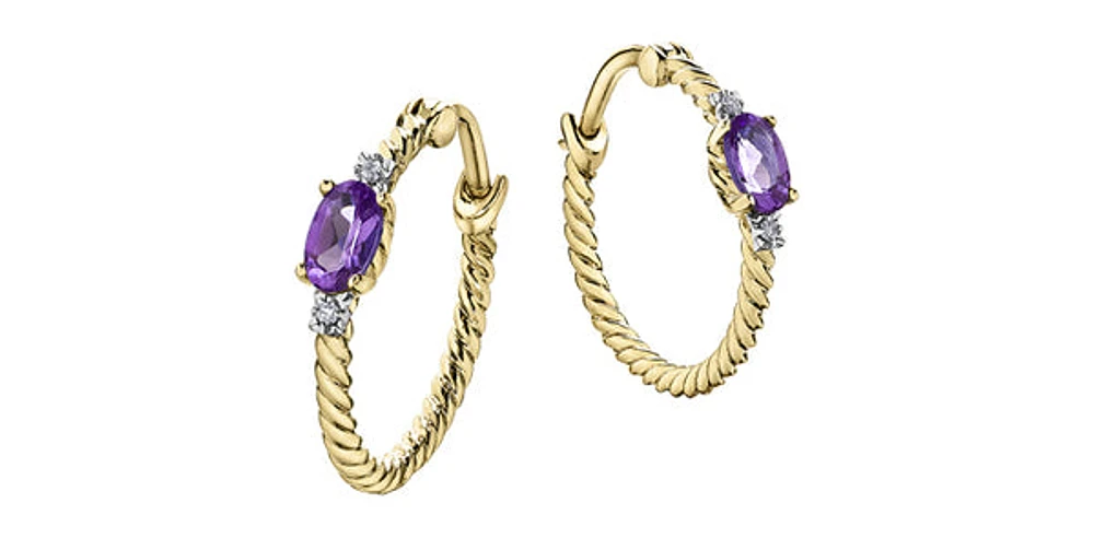 10K Yellow Gold Amethyst and Diamond Hoop Earrings