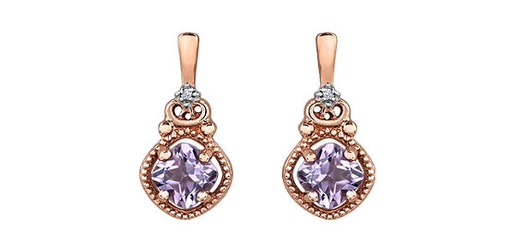 10K Rose Gold Amethyst and Diamond Dangle Earrings
