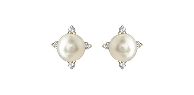 10K Yellow Gold Pearl and Diamond Earrings with Butterfly Backs
