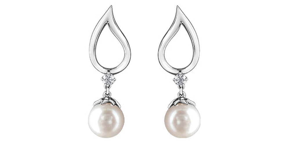 10K White Gold 6.5mm Cultured Pearl and 0.08cttw Canadian Diamond Dangle Earrings