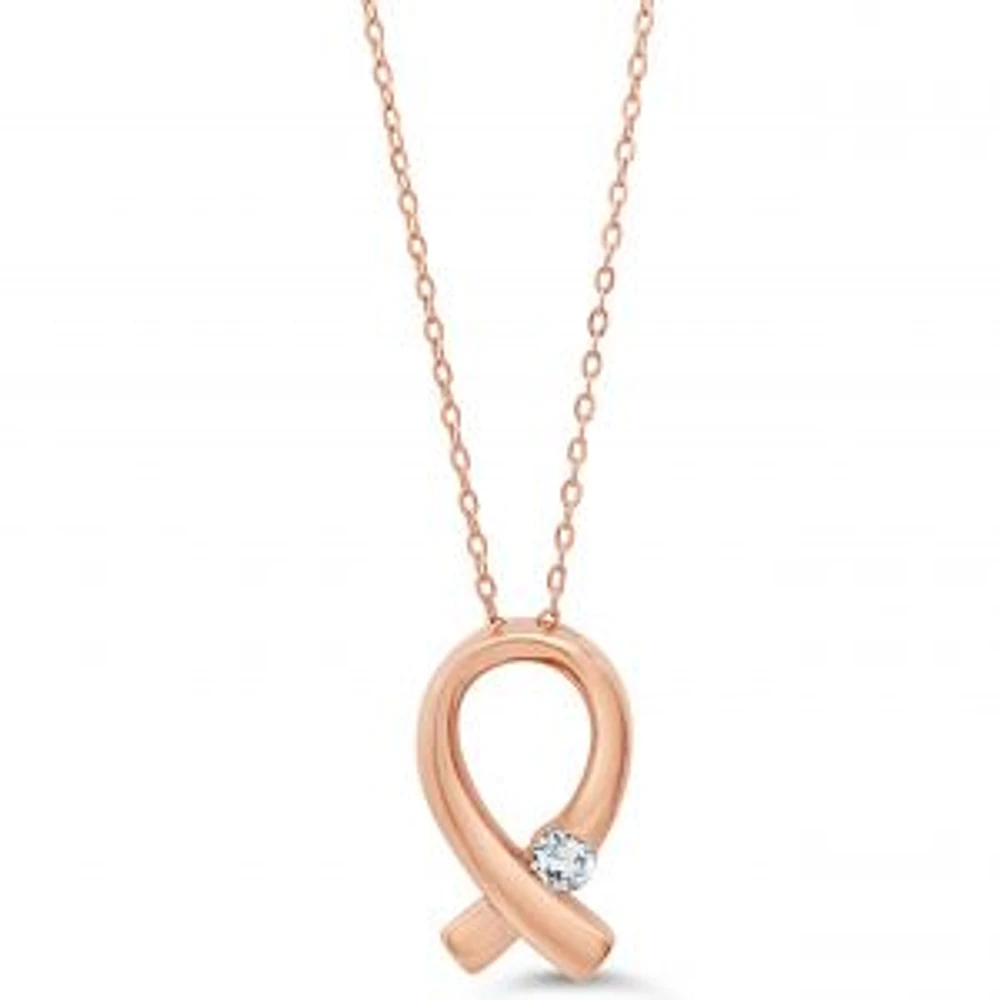 10K Rose Gold 0.035cttw Diamond Pink Ribbon Pendant, 18"