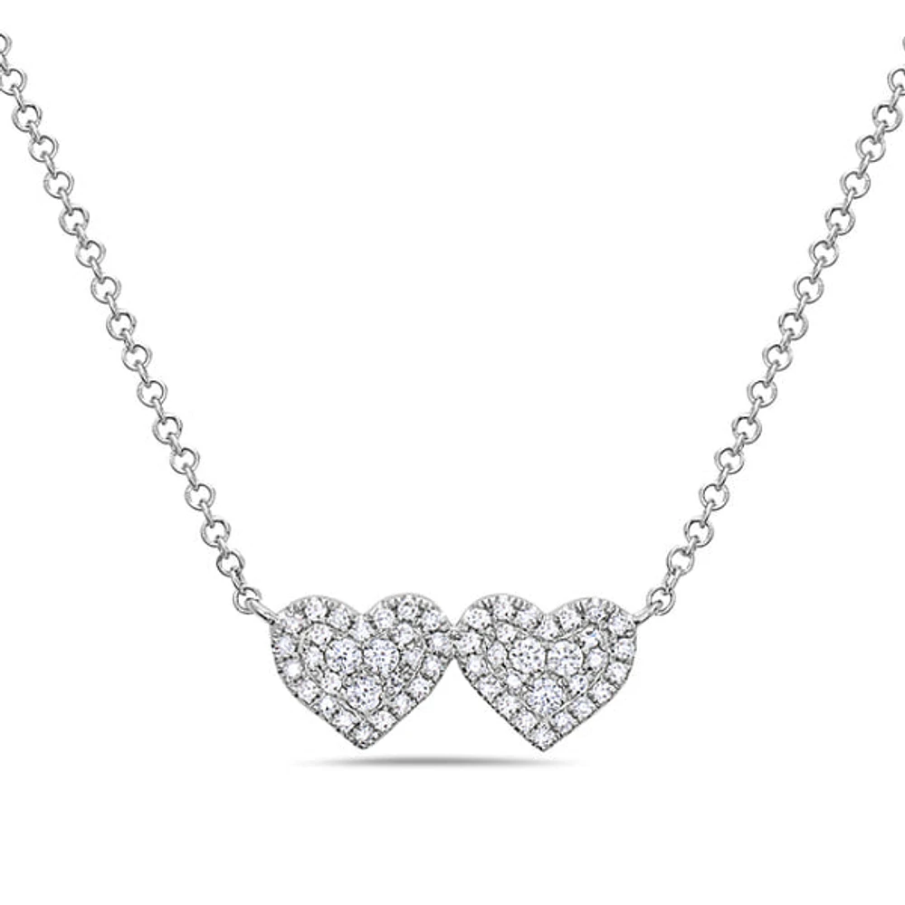 14K White Gold 0.18cttw Diamond Double Heart Pendant, 18"