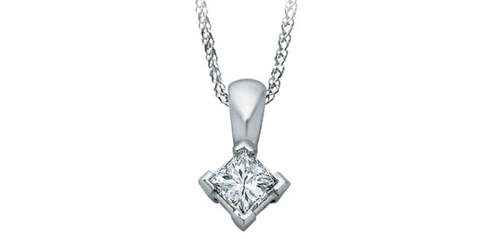 14K White Gold 0.13cttw Princess Cut Canadian Diamond Solitaire Pendant, 18"