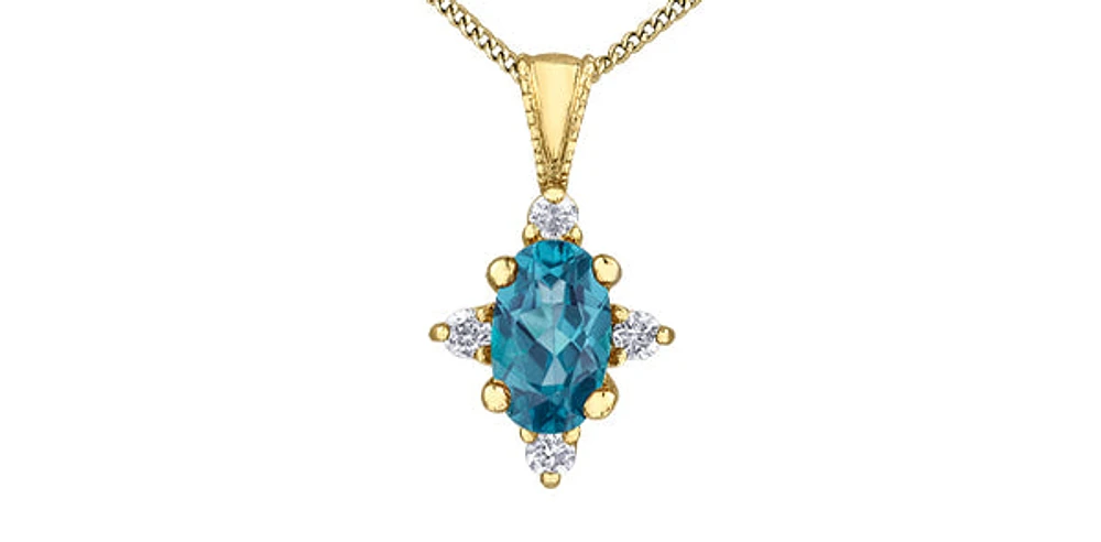 10K Yellow Gold Blue Topaz and Diamond Pendant, 18"