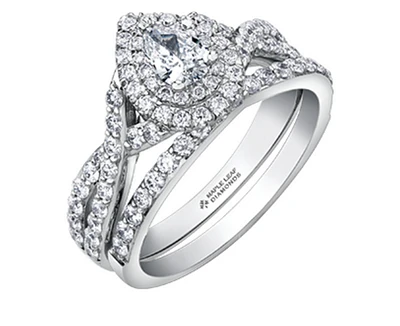 18K White Gold/Palladium Alloy (hypoallergenic) 1.00cttw Pear Shape Double Halo Diamond Ring