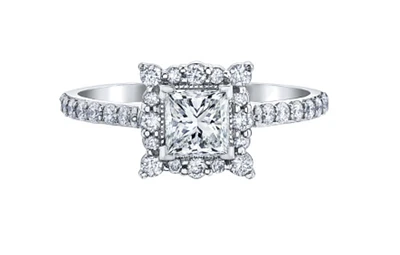 18K White Gold/Palladium Alloy (hypoallergenic) Princess Cut Halo Diamond Ring - Carat Total