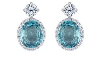 18K White Gold & Palladium Alloy(hypoallergenic) 12mmX10mm Genuine Oval Cut Blue Zircon and 2.08cttw Diamond Dangle Earrings