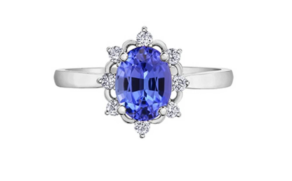 14K White Gold Genuine Oval Shape Tanzanite and 0.16cttw Canadian Diamond Ring - / 4.5