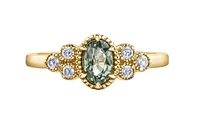 14K Yellow Gold Oval Green Sapphire & 0.14cttw Canadian Diamond Ring, 6.5
