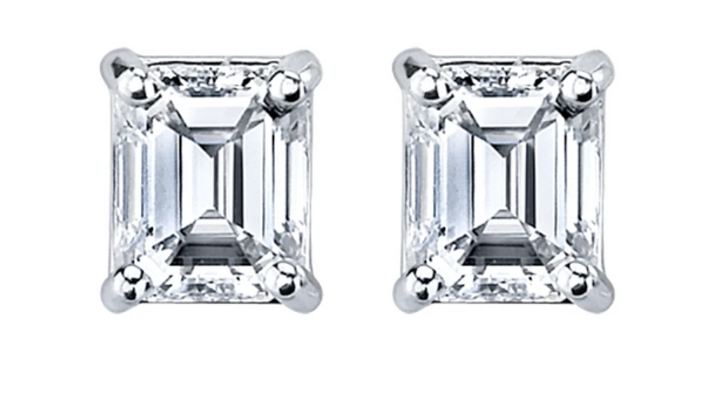 14K White Gold & Palladium Alloy (hypoallergenic) 1.00cttw Canadian Emerald Cut Diamond Stud Earrings