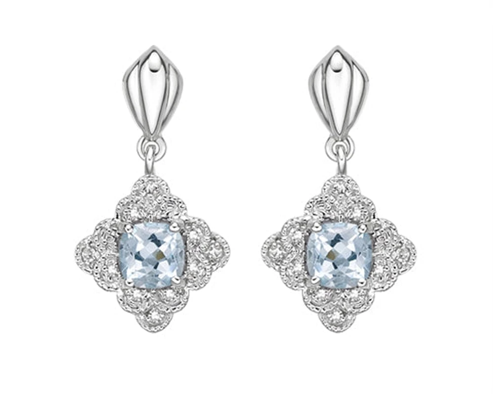 10K White Gold 4.0mm Cushion Cut Aquamarine and 0.03cttw Diamond Dangle Earrings