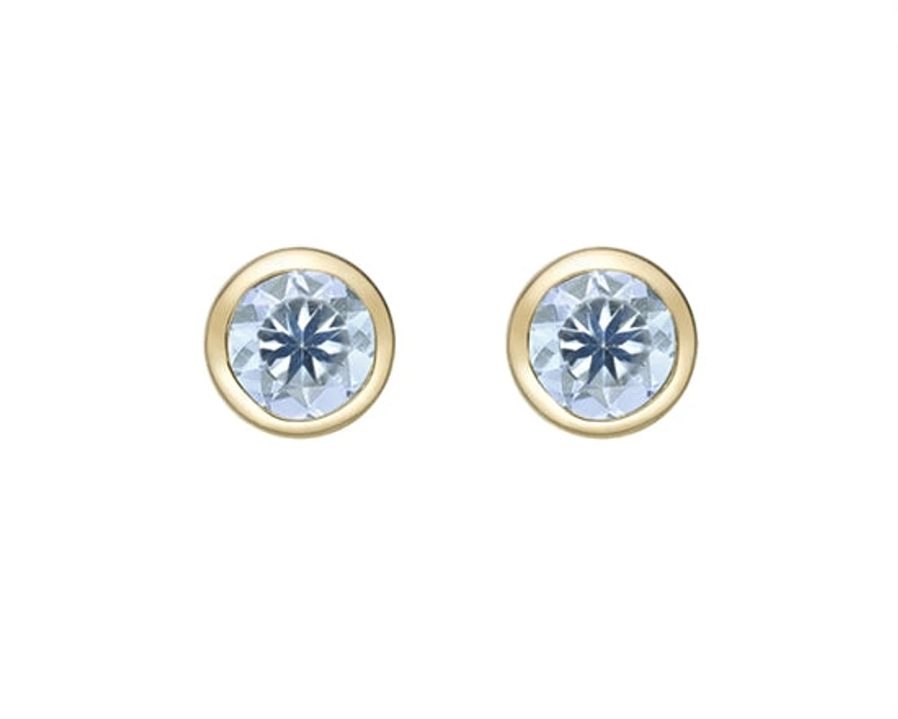 10K Yellow Gold 4.0mm Round Cut Aquamarine Bezel Set Stud Earrings