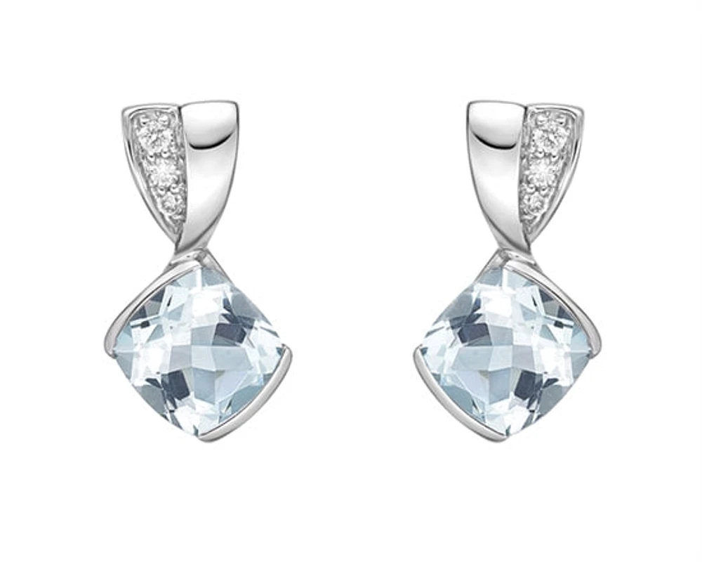 10K White Gold 6.0mm Cushion Cut Aquamarine and 0.051cttw Diamond Dangle Earrings
