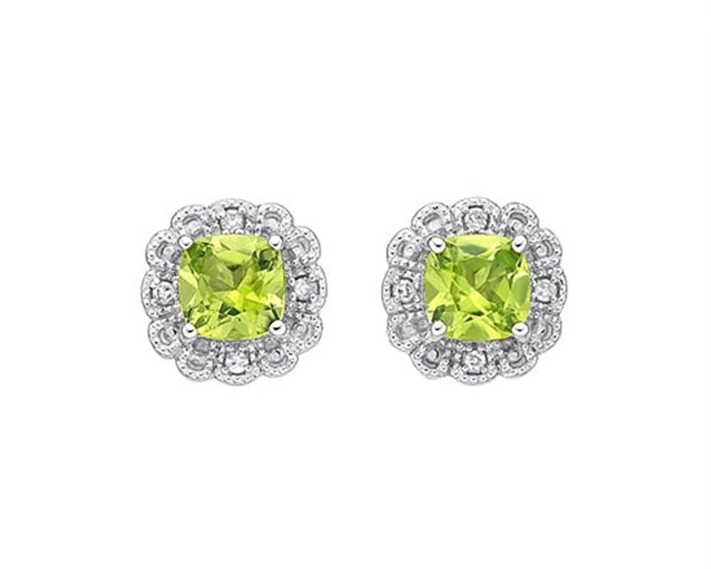 10K White Gold 4mm Cushion Cut Peridot and 0.026cttw Diamond Halo Stud Earrings with Butterfly Backings