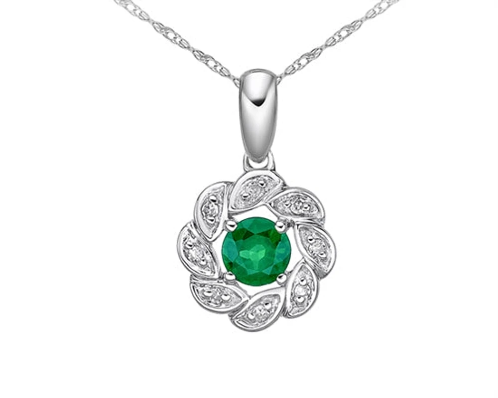 10K White Gold 3.80mm Round Cut Emerald and 0.035cttw Diamond Halo Pendant - 18 inches