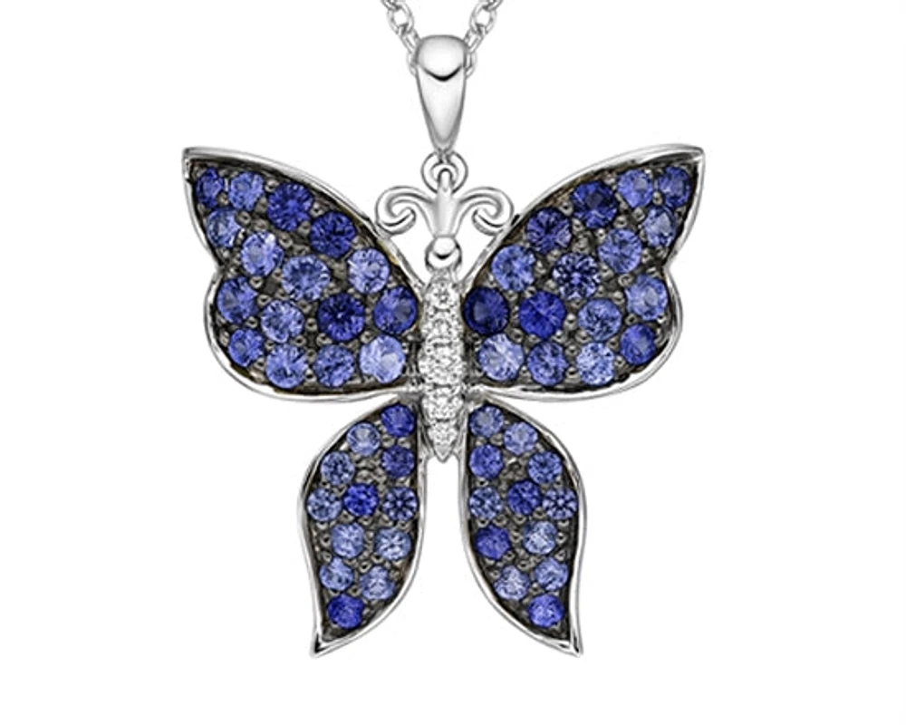 10K White Gold 1.25-2.10mm Round Cut Blue Sapphire Mix and 0.037cttw Diamond Butterfly Pendant - 18 inches
