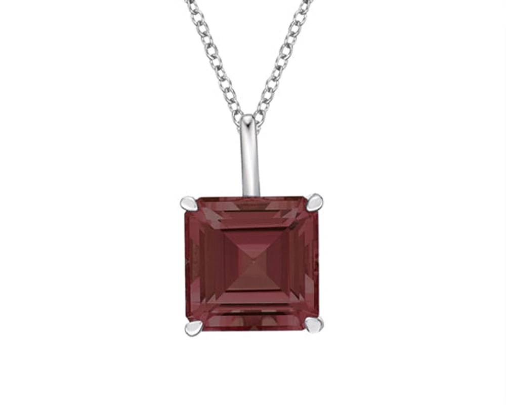 10K White Gold 8mm Emerald Cut Garnet Pendant - 18 inches