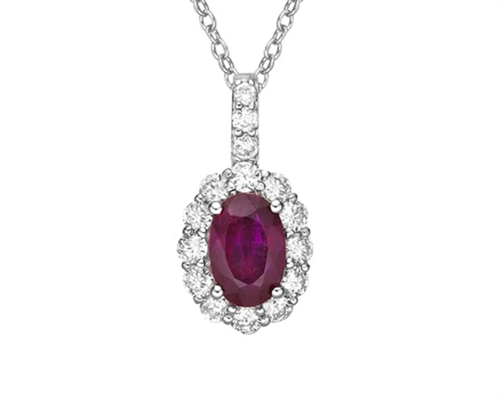 14K White Gold 6x4mm Oval Cut Ruby and 0.265cttw Diamond Halo Pendant - 18 Inches
