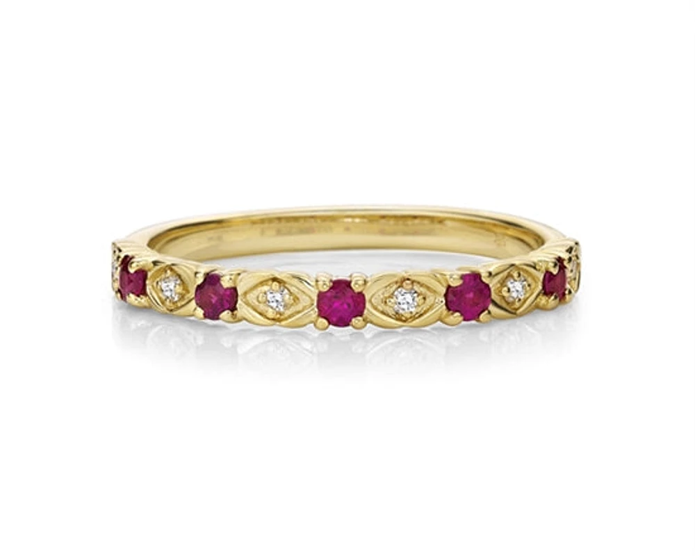 10K Yellow Gold Round Cut Ruby and 0.05cttw Diamond Stacking Ring - Size 7